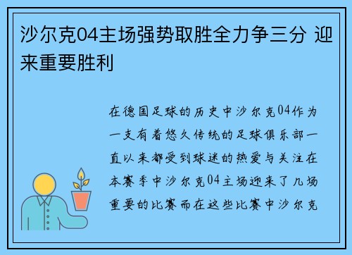 沙尔克04主场强势取胜全力争三分 迎来重要胜利